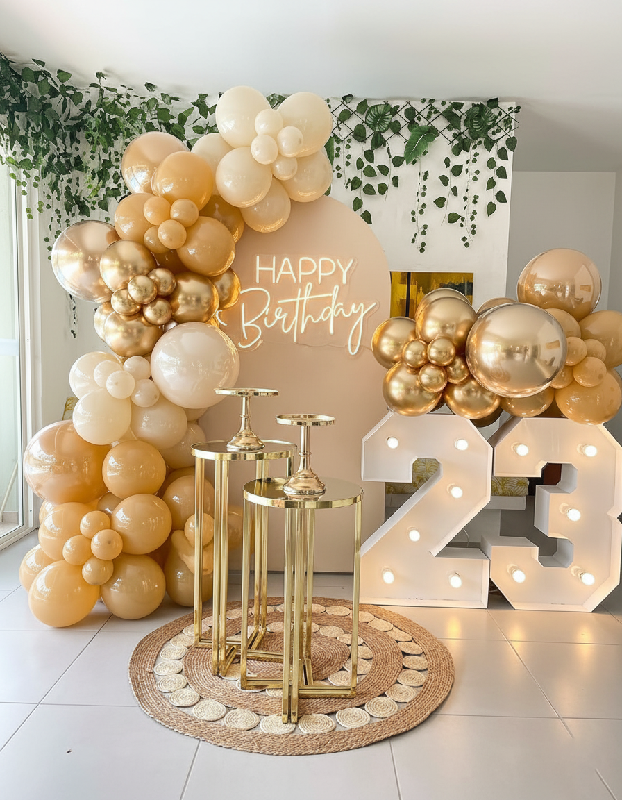 Modern Neutral and Gold Boho Celebration Backdrop