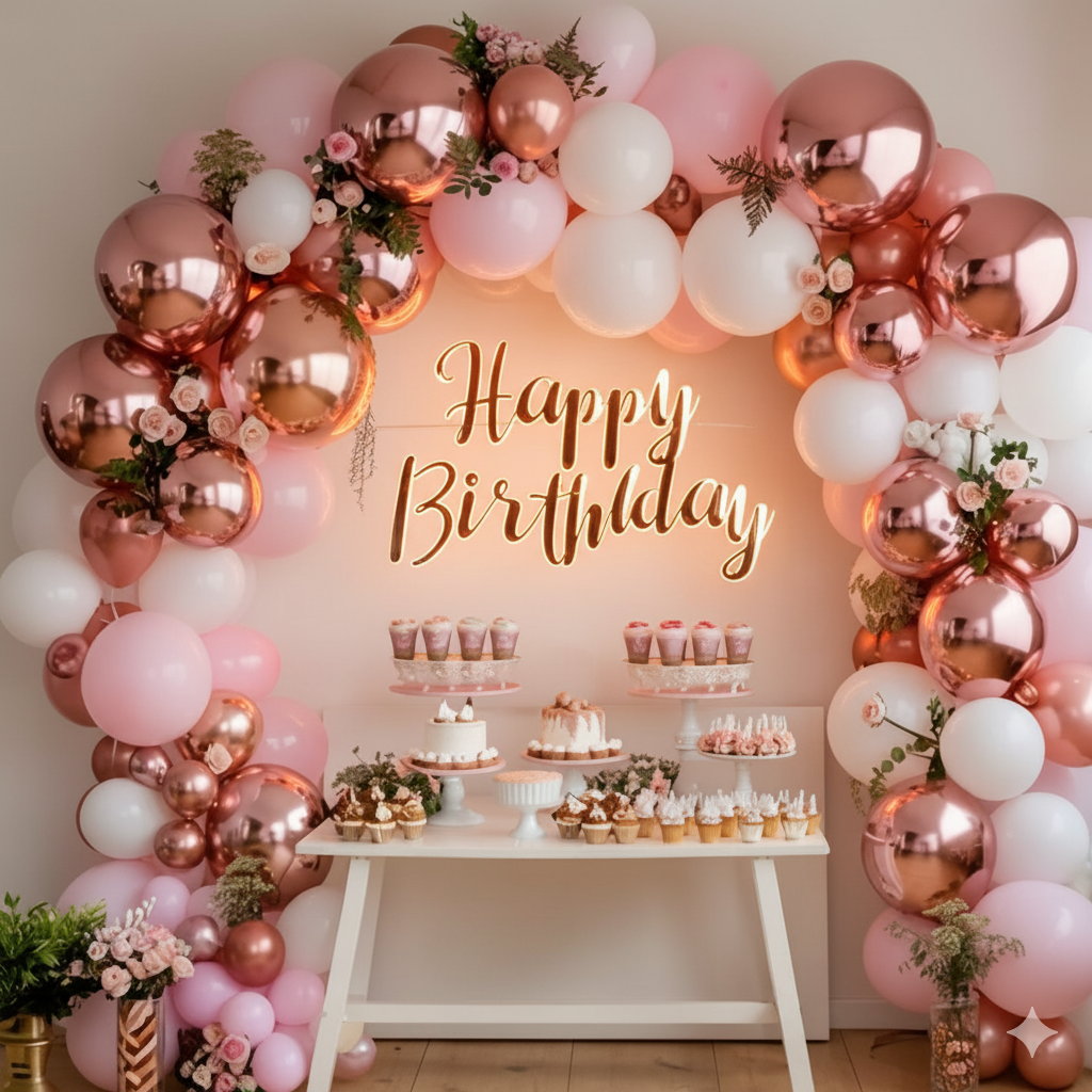 Elegant Rose Gold and Pink Chrome Celebration Arch