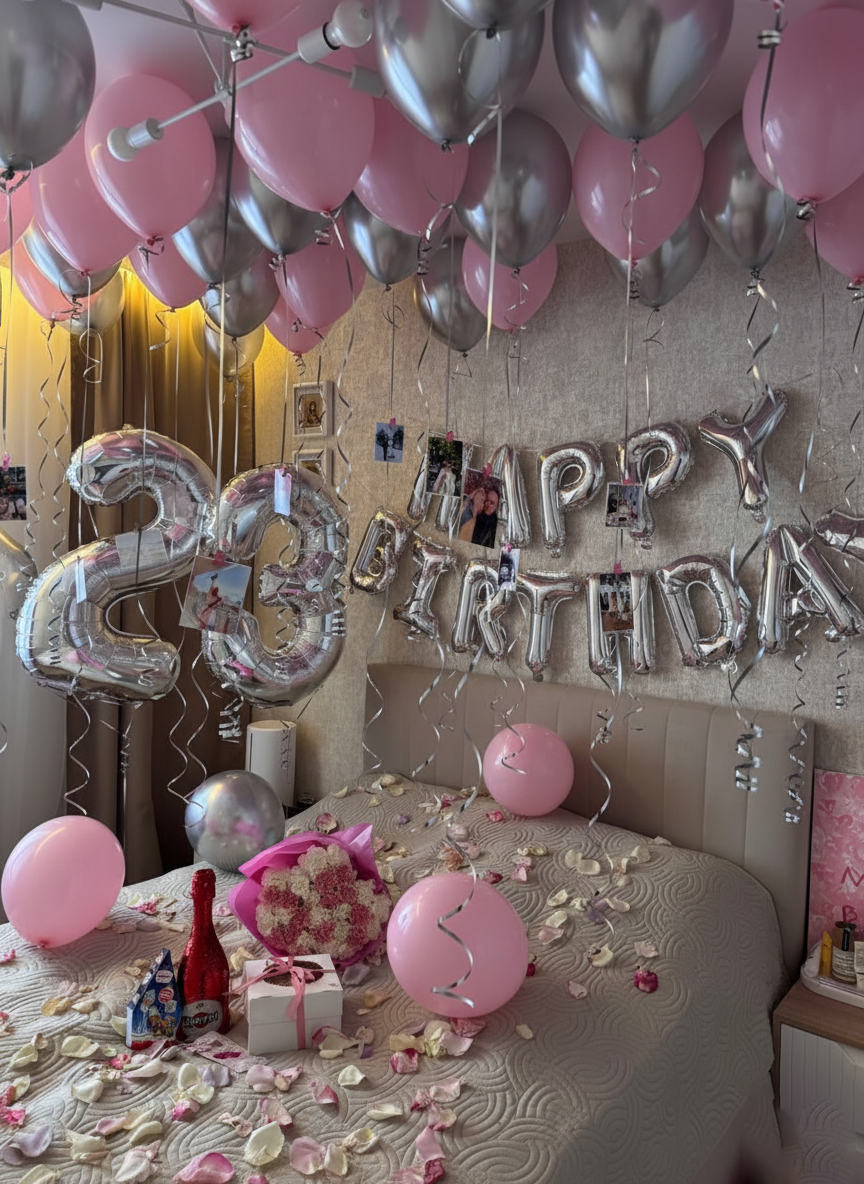 Pink, Silver & Photo Personalized Birthday Balloons