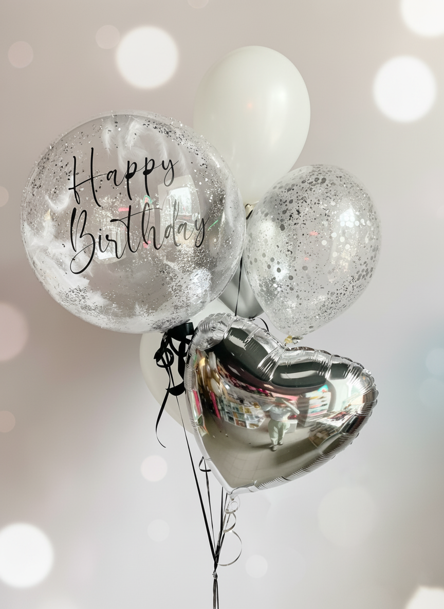 Personalized Silver Confetti & Chrome Heart Balloons