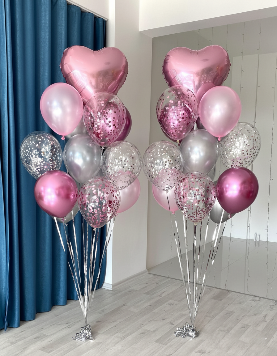 Fuchsia Pink Heart & Silver Confetti Balloons