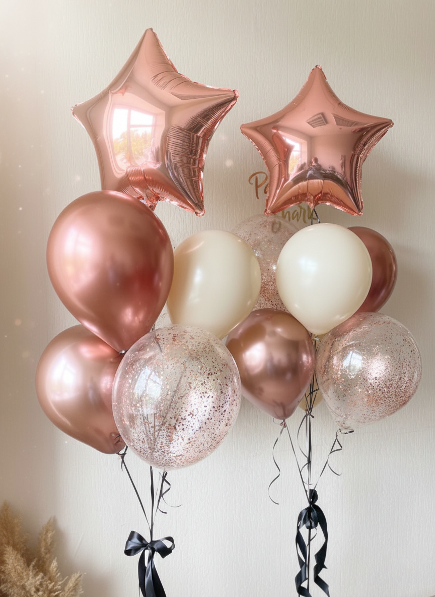 Dual Rose Gold Star & Champagne Balloons