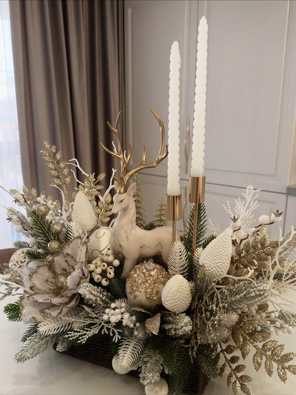Elegant Gold & White Reindeer Christmas Centerpiece