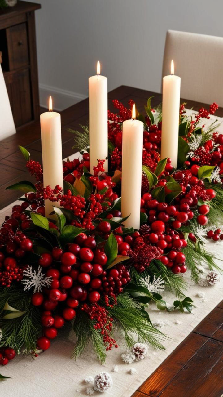 Classic Red Berry & Evergreen Candle Centerpiece