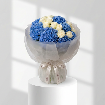 The Azure Dream: Blue Hydrangea & White Rose Bouquet