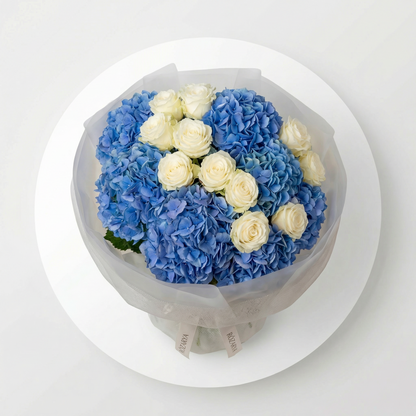 The Azure Dream: Blue Hydrangea & White Rose Bouquet