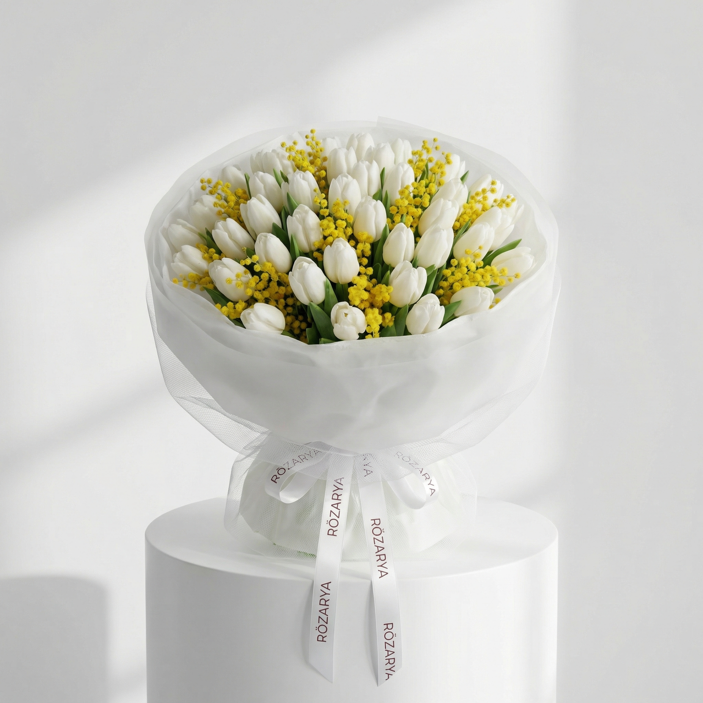 White Tulip & Yellow Mimosa Bouquet