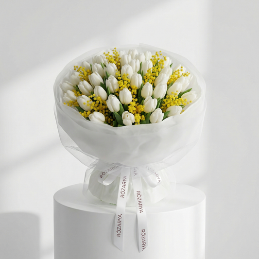 White Tulip & Yellow Mimosa Bouquet