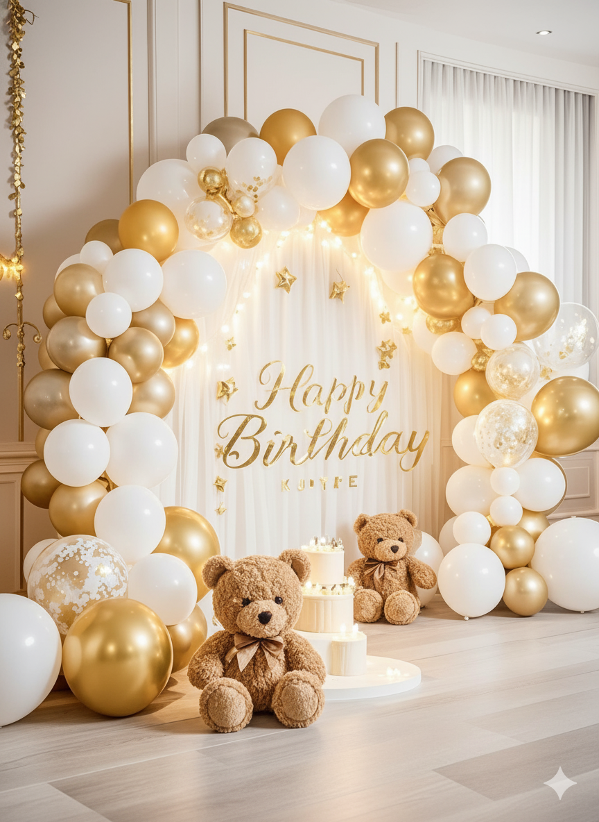 Elegant Gold and White Deluxe Birthday Arch Backdrop
