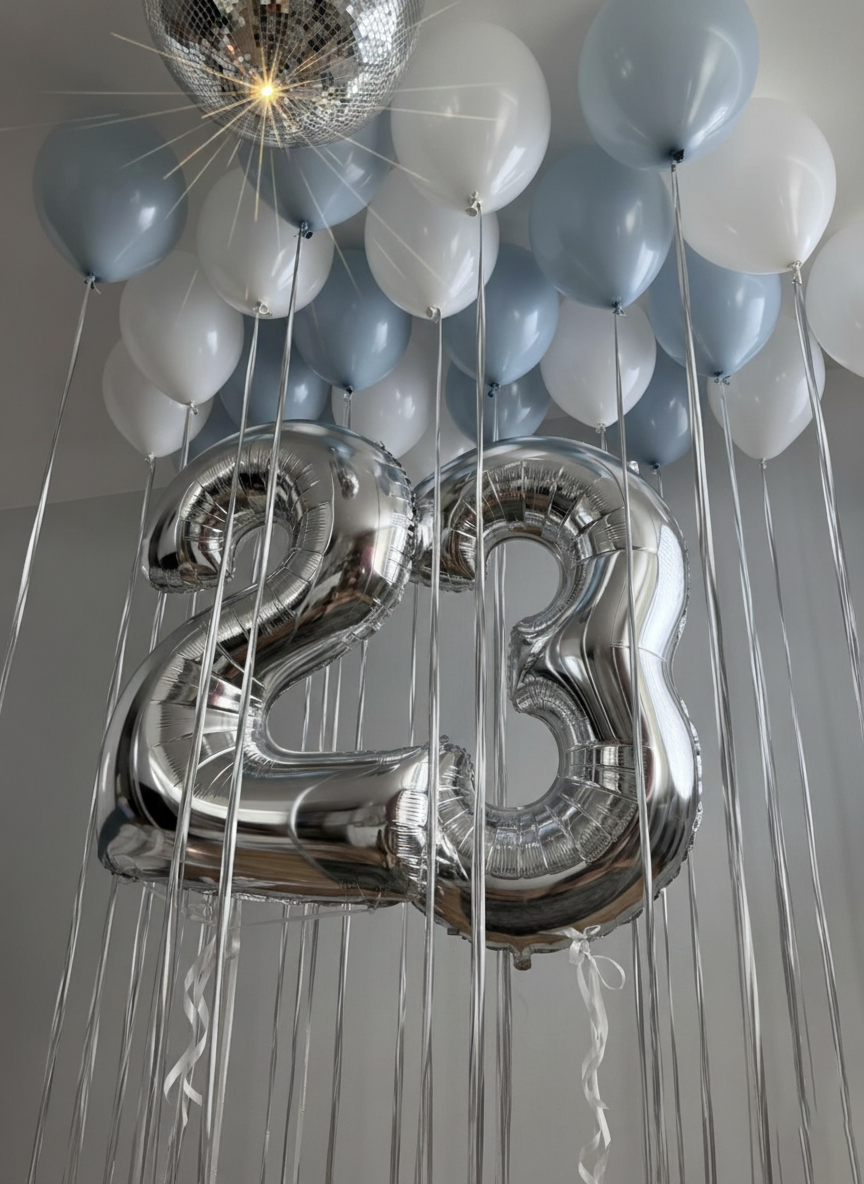 Silver Number Balloons & Dusty Blue Ceiling