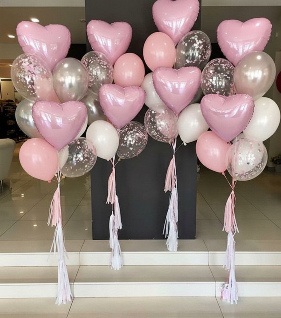 Pastel Pink Heart & Chrome Balloons with Tassels