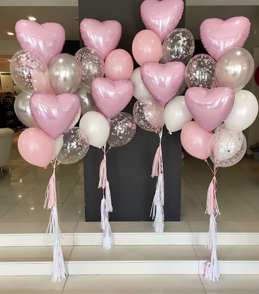 Pastel Pink Heart & Chrome Balloons with Tassels