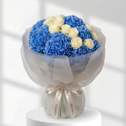 The Azure Dream: Blue Hydrangea & White Rose Bouquet