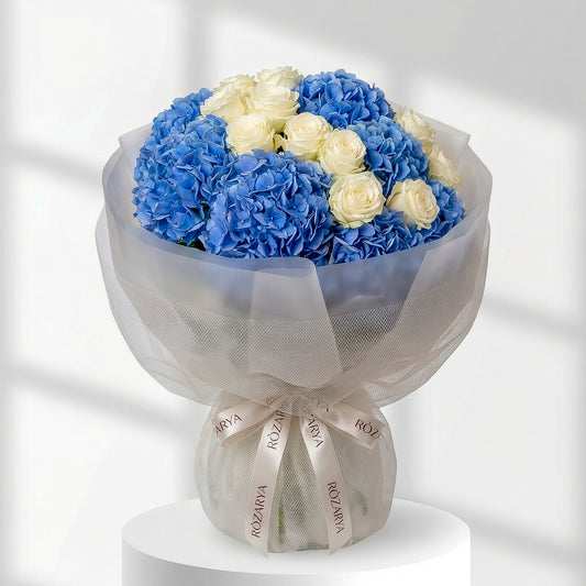 The Azure Dream: Blue Hydrangea & White Rose Bouquet