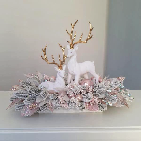 Elegant Pink & Gold Frosted Reindeer Christmas Display