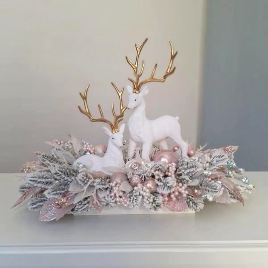 Elegant Pink & Gold Frosted Reindeer Christmas Display