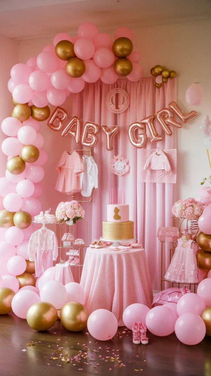 Приветственные украшения в розово-золотых тонах для малышки